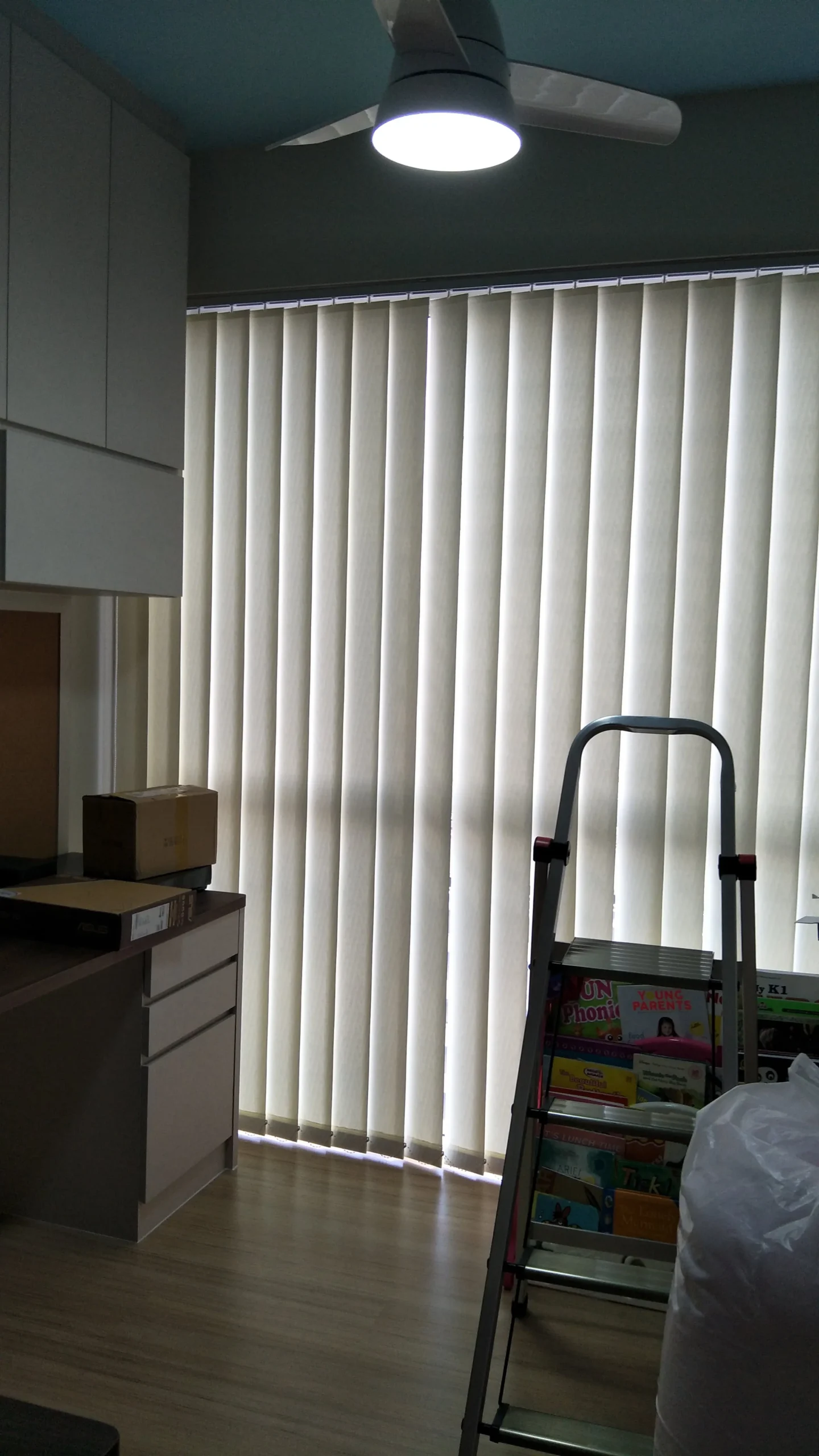 cream vertical blinds bedroom ladder