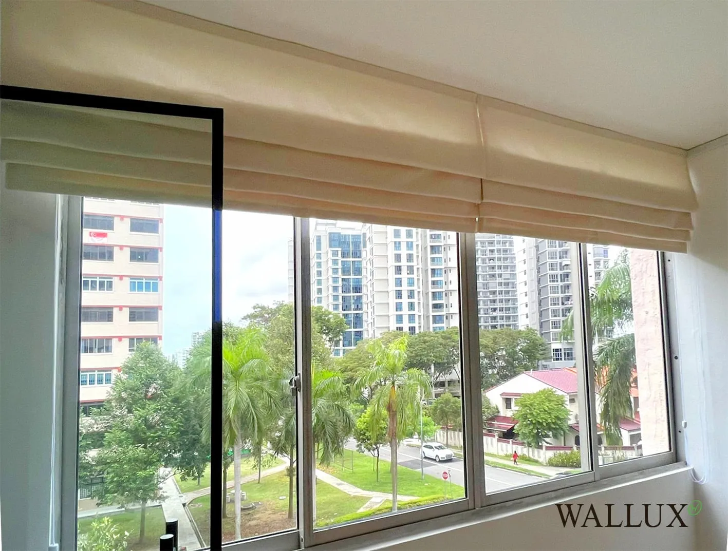 dimout roman blinds high rise view