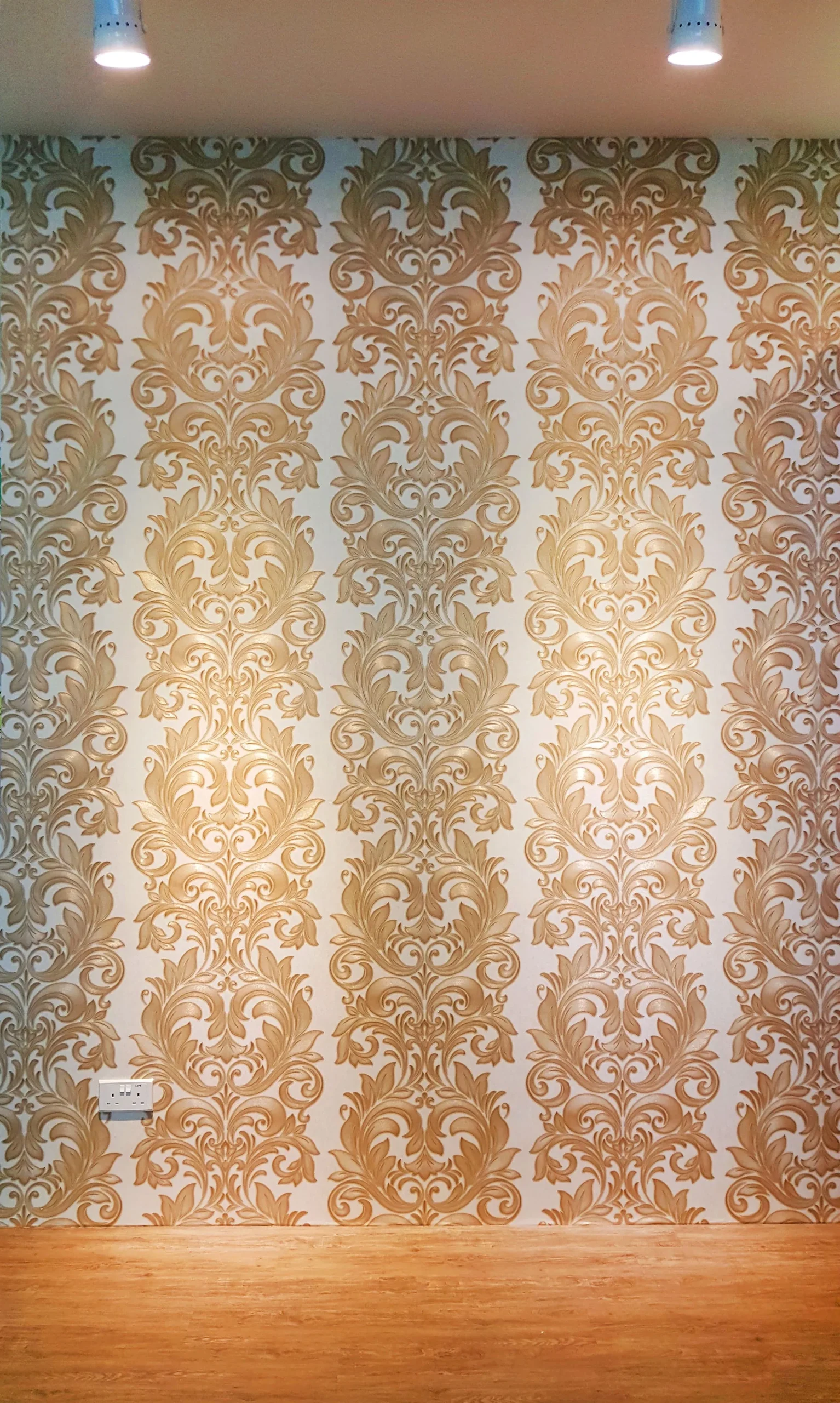 gold damask feature wall wallpaper