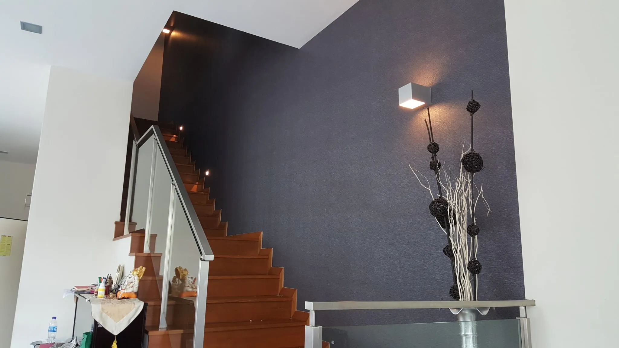 minimalist navy wallpaper staircase