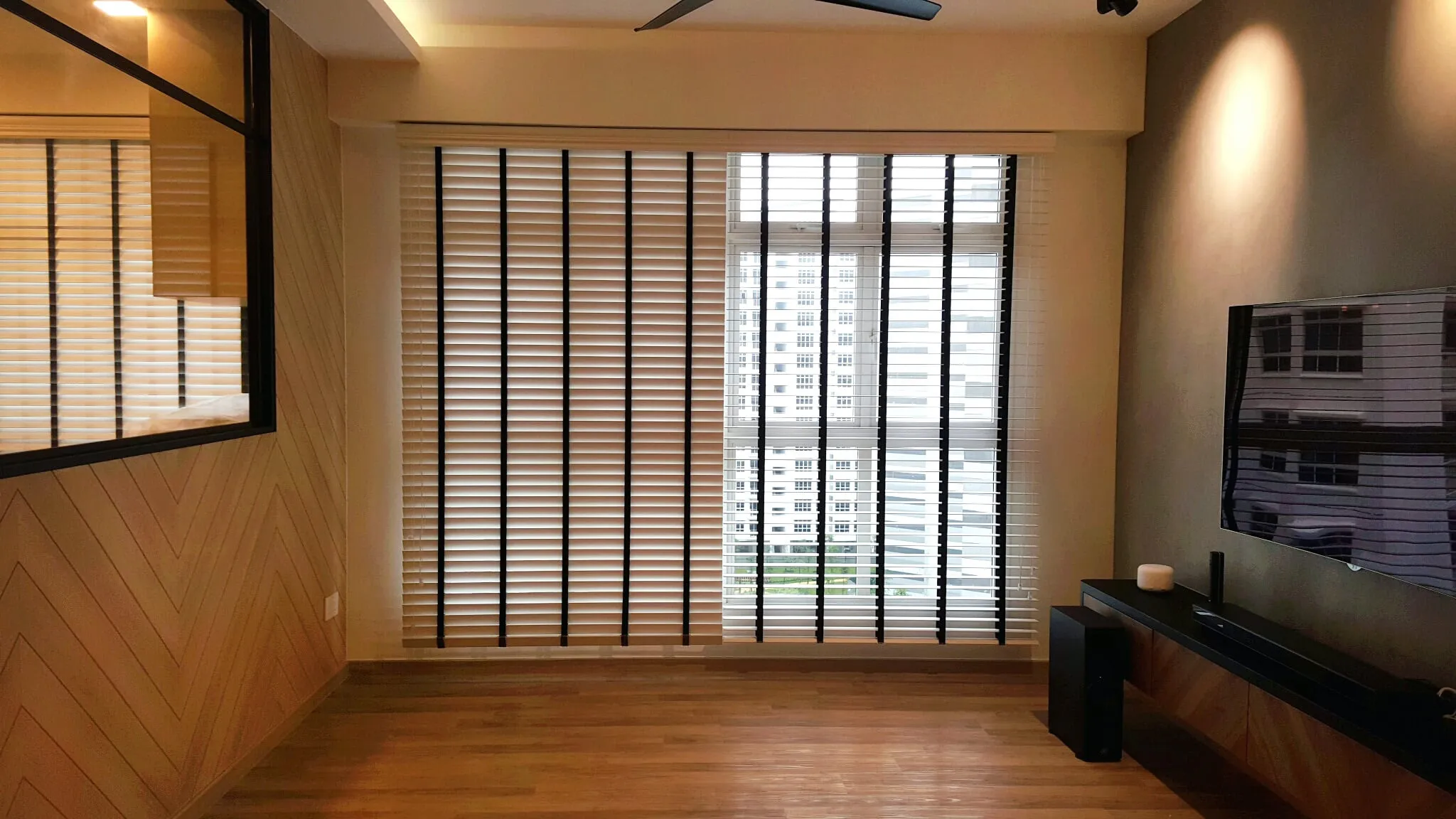 venetian blinds bedroom city view 1